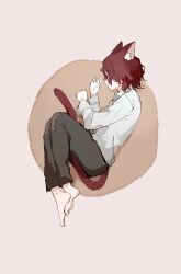 Rule 34 | 1boy, animal ears, barefoot, bazhua, between legs, black pants, cat boy, cat ears, cat tail, closed eyes, closed mouth, collared shirt, daniel page, fetal position, from above, full body, harry potter: magic awakened, highres, kemonomimi mode, long sleeves, lying, male focus, on side, pants, parted bangs, plantar flexion, red hair, rug, shirt, short hair, simple background, sleeping, sleeve cuffs, solo, tail, tail between legs, wavy hair, white shirt, yellow background