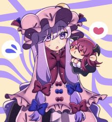 Rule 34 | &gt;3&lt;, &gt; &lt;, 2girls, black dress, blue bow, blush, blush stickers, bow, bowtie, capelet, chibi, closed eyes, closed mouth, collared shirt, crescent, crescent hat ornament, demon wings, double bun, dress, eyes visible through hair, flying, frills, hair between eyes, hair bow, hair bun, hat, hat ornament, hat ribbon, head wings, heart, highres, koakuma, long hair, long sleeves, looking at another, mini person, minigirl, mob cap, multicolored background, multiple girls, necktie, open clothes, open dress, open mouth, patchouli knowledge, pink bow, pink bowtie, pink capelet, pink dress, pink headwear, pink ribbon, puffy long sleeves, puffy sleeves, purple background, purple bow, purple dress, purple eyes, purple hair, purple ribbon, red bow, red hair, red necktie, ribbon, shirt, speech bubble, standing, striped clothes, striped dress, sweat, sweatdrop, touhou, tsugomori (remilia0398), vertical-striped clothes, vertical-striped dress, white shirt, wide sleeves, wings, yellow background