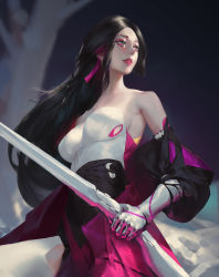 Rule 34 | 1girl, aenrs, bare shoulders, black dress, black hair, black sleeves, blue eyes, breasts, chinese commentary, commentary, cowboy shot, detached sleeves, dress, eyelashes, gauntlets, highres, holding, holding weapon, large breasts, lips, long hair, looking to the side, multicolored clothes, multicolored dress, multicolored eyes, original, outdoors, parted bangs, parted lips, pink dress, pink eyes, sidelocks, solo, standing, strapless, strapless dress, teeth, upper teeth only, very long hair, weapon, white dress