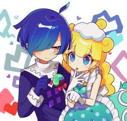 Rule 34 | 1boy, 1girl, absurdres, ahoge, black gloves, blonde hair, blue eyes, blue hair, brown eyes, closed mouth, gloves, hair over one eye, heart, highres, long sleeves, looking at another, marle (puyopuyo), offbeat, open mouth, puyopuyo, puyopuyo tetris, short hair, squares (puyopuyo), white gloves