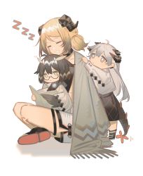 Rule 34 | 3girls, absurdres, ahoge, arknights, black choker, black footwear, black shirt, black skirt, blanket, book, brown hair, chibi, chinese commentary, choker, coat, commentary request, dragon girl, dragon horns, dragon tail, closed eyes, grey hair, highres, holding, holding book, horns, ifrit (arknights), indian style, long hair, multiple girls, orange eyes, reading, rin lingsong, saria (arknights), semi-rimless eyewear, shirt, short hair, short twintails, silence (arknights), simple background, sitting, skirt, sleeping, tail, twintails, under-rim eyewear, white background, white coat, yellow eyes, aged down, zzz