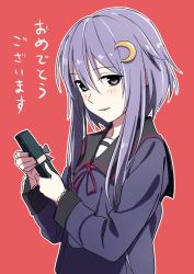 Rule 34 | 10s, 1girl, bad id, bad twitter id, blush, congratulations, crescent, crescent hair ornament, gift, hair between eyes, hair ornament, holding, holding gift, kantai collection, kinosuke (sositeimanoga), long hair, long sleeves, open mouth, outline, pink background, purple eyes, purple hair, purple ribbon, ribbon, school uniform, serafuku, short hair with long locks, sidelocks, simple background, smile, solo, upper body, yayoi (kancolle)