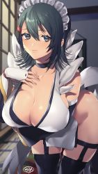 Rule 34 | 1girl, apron, bare shoulders, black hair, black leotard, breasts, cleavage, flipped hair, frilled leotard, frills, hand on own chest, highleg, highleg leotard, highres, huge breasts, iroha (samurai spirits), leotard, looking at viewer, maid, maid apron, maid headdress, maid leotard, murata tefu, samurai spirits, sideboob, snk, solo, thighhighs, thighs, unconventional maid, wide hips