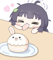 Rule 34 | 1girl, animal-themed food, black hair, blue archive, blush stickers, cake, chibi, closed eyes, commentary, eating, food, heart, holding, leaf, leaf on head, long hair, messy hair, miyu (blue archive), no nose, plate, simple background, solo, umihio, upper body, white background