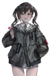Rule 34 | 1girl, absurdres, bad id, bad twitter id, brown eyes, brown hair, candy, coat, dress shirt, food, hair between eyes, hand in pocket, highres, idolmaster, idolmaster cinderella girls, ioliteplanet, lollipop, looking at viewer, mask, mole, mole under eye, mouth mask, necktie, parted lips, shirt, simple background, skirt, solo, sunazuka akira, twintails, white background