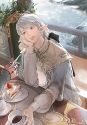 Rule 34 | 1girl, ameliance leveilleur, blue dress, bow, brown capelet, cake, cake slice, capelet, commentary, cup, day, dress, elbow on table, elbow rest, elezen, elf, feeding, final fantasy, final fantasy xiv, food, fork, from above, grey eyes, grey hair, hair bow, head on hand, head rest, highres, holding, holding fork, long hair, long sleeves, looking ahead, low ponytail, on chair, open mouth, out of frame, painfulred, pointy ears, puffy long sleeves, puffy sleeves, saucer, sitting, smile, solo focus, strawberry shortcake, swept bangs, symbol-only commentary, table, teacup, upper body, water
