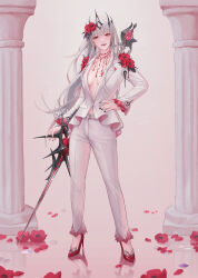 1girl alternate_costume black_nails blunt_bangs breasts breasts_apart commentary coquelic_(path_to_nowhere) earrings english_commentary flower flower_on_shoulder full_body gradient_background hair_flower hair_ornament hand_on_own_hip headpiece high_heels highres holding holding_sword holding_weapon huge_weapon jacket jewelry ladywaltz lapels legs_apart light_particles long_hair looking_at_viewer medium_breasts multiple_necklaces nail_polish naked_jacket necklace notched_lapels open_mouth pants path_to_nowhere pillar pink_background poppy_(flower) red_flower red_footwear red_petals reflective_floor smile solo standing suit_jacket sword teardrop_facial_mark weapon white_hair white_jacket white_pants