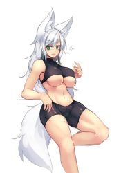 Rule 34 | 1girl, :d, absurdres, animal ear fluff, animal ears, bare arms, bare shoulders, bike shorts, breasts, crop top, fang, fox ears, fox tail, green eyes, hair between eyes, highres, large breasts, long hair, looking at viewer, open mouth, original, simple background, sketch, smile, solo, sparkle, sub-res, tail, underboob, white background, white hair