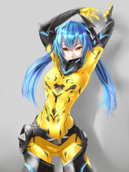 Rule 34 | 1girl, arms up, blue hair, bodysuit, breasts, covered navel, gloves, phantasy star, phantasy star online 2, quna (pso2), ribs, skin tight, solo, sukizo, twintails, yellow eyes, zelsius