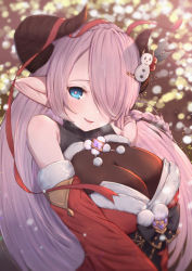 Rule 34 | 1girl, bare shoulders, blue eyes, blush, braid, breasts, detached sleeves, draph, fang, fur trim, granblue fantasy, hair ornament, hair over one eye, hairclip, highres, horns, large breasts, lips, long hair, looking at viewer, mistletoe, narmaya (granblue fantasy), narmaya (holiday) (granblue fantasy), obi, parted lips, pointy ears, pom pom (clothes), red ribbon, ribbon, sash, smile, snowman hair ornament, solo, uneg, upper body