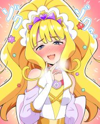 Rule 34 | 1girl, back bow, blonde hair, blue eyes, blunt bangs, blush, bow, breath, bridal gauntlets, brooch, candy, candy hair ornament, choker, clothing cutout, commentary, cure finale, delicious party precure, elbow gloves, food, food-themed hair ornament, gloves, hair ornament, half-closed eyes, heart, heart brooch, highres, jacket, jewelry, kaatsu katsurou, kasai amane, konpeitou, large bow, long hair, looking at viewer, magical girl, open mouth, precure, shoulder cutout, smile, solo, sweat, tiara, translated, trembling, white bow, white choker, white gloves, white jacket, wide ponytail