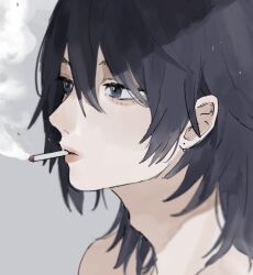 Rule 34 | 1girl, blue eyes, cigarette, commentary, deino (eichi 005), grey background, hair between eyes, highres, medium hair, original, parted lips, piercing hole, portrait, shade, smoke, solo, symbol-only commentary