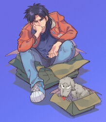 Rule 34 | 1boy, black eyes, black hair, black shirt, blue background, blue footwear, blue pants, bomber jacket, box, brown jacket, cardboard box, cigarette, clenched teeth, commentary request, dog, facial scar, full body, head rest, highres, holding, holding cigarette, inudori, itou kaiji, jacket, kaiji, long hair, long sleeves, looking at viewer, male focus, medium bangs, open clothes, open jacket, pants, parted bangs, patch, scar, scar on cheek, scar on face, scar on hand, shirt, shoes, simple background, sitting, smoking, sneakers, solo, teeth, tongue, tongue out