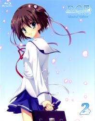Rule 34 | 10s, 1girl, :d, bag, blu-ray cover, blue background, blue eyes, blush, brown hair, cherry blossoms, copyright name, cover, da capo, da capo iii, from behind, gradient background, highres, katsuragi himeno, looking at viewer, open mouth, petals, sailor collar, scan, school uniform, serafuku, simple background, smile, tanihara natsuki, tareme, v arms, wind