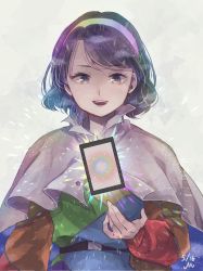 Rule 34 | 1girl, belt, blue hair, breasts, cape, capelet, dress, hairband, m (neteitai10), multicolored clothes, multicolored dress, multicolored hairband, pointing, pointing down, pointing up, purple eyes, purple hair, rainbow gradient, red button, short hair, sky print, small breasts, tenkyuu chimata, touhou, two-sided cape, two-sided fabric, white cape