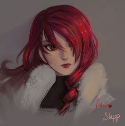 Rule 34 | 1girl, bad id, bad tumblr id, closed mouth, grey background, hair over one eye, highres, kirijou mitsuru, lipstick, long hair, looking at viewer, makeup, matilda fiship, one eye covered, persona, persona 3, portrait, red eyes, red hair, red lips, romaji commentary, signature, solo
