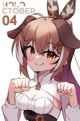 Rule 34 | 1girl, absurdres, ahoge, animal ears, blush, breasts, brown corset, brown eyes, brown hair, cleavage cutout, clothing cutout, corset, crossed bangs, dog ears, dog girl, english text, hair ornament, hairclip, highres, hololive, hololive english, lavendeavor, looking at viewer, medium breasts, multicolored hair, nanashi mumei, nanashi mumei (1st costume), paw pose, shirt, smile, streaked hair, upper body, virtual youtuber, white shirt
