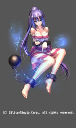 Rule 34 | 1girl, ankle cuffs, ball and chain restraint, barefoot, blush, breasts, chain, character request, cleavage, cuffs, electricity, feet, full body, gyakushuu no fantasica, large breasts, long hair, off shoulder, official art, original, prison clothes, prisoner, purple hair, ryuki@maguro-ex, shackles, solo, torn clothes