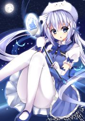 Rule 34 | 1girl, absurdres, bad id, bad pixiv id, beret, blue bow, blue bowtie, blue dress, blue eyes, blue feathers, blue footwear, blue hair, bow, bowtie, buttons, city lights, collared shirt, dress, fang, feathers, full moon, gloves, gochuumon wa usagi desu ka?, hair ornament, hand fan, hat, highres, kafuu chino, long hair, looking at viewer, magical girl, mary janes, matching hair/eyes, moon, night, night sky, pantyhose, puffy short sleeves, puffy sleeves, ricroot, shirt, shoes, short sleeves, sky, solo, sparkle, star (sky), starry sky, very long hair, white gloves, white pantyhose, white shirt, x hair ornament