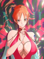 Rule 34 | 1girl, absurdres, bracelet, braid, breasts, chain, chain necklace, cleavage, dress, earrings, gem, gown, hair ornament, highres, jewelry, large breasts, nail polish, nami (one piece), necklace, one piece, opalis, orange hair, red dress, ring, shawl, side braid