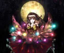 Rule 34 | 1girl, blunt bangs, bow, bowtie, branch, brown hair, cowboy shot, dress, female focus, full moon, houraisan kaguya, long sleeves, looking at viewer, moon, neota, red dress, ringed eyes, solo, standing, touhou, yellow bow, yellow bowtie