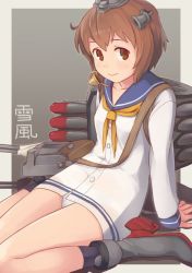 Rule 34 | 1girl, arm support, blue sailor collar, boots, brown eyes, brown hair, cannon, character name, closed mouth, commentary, dress, high heel boots, high heels, kantai collection, legs together, long sleeves, looking at viewer, makio (makiomeigenbot), panties, sailor collar, sailor dress, school uniform, serafuku, short dress, short hair, smile, solo, speaking tube headset, torpedo, underwear, white dress, white panties, yellow sailor collar, yukikaze (kancolle)