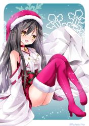 Rule 34 | 10s, 1girl, :d, adapted costume, bag, bell, black hair, blue background, blush, boots, choker, commentary, detached sleeves, fur-trimmed boots, fur trim, hair ornament, hairclip, haruna (kancolle), hat, high heel boots, high heels, kantai collection, knees together feet apart, long hair, looking at viewer, nanase nao, neck bell, nontraditional miko, open mouth, red footwear, red thighhighs, ribbon-trimmed sleeves, ribbon trim, santa boots, santa hat, sitting, smile, snowflake background, solo, thigh boots, thighhighs, twitter username, wide sleeves, yellow eyes