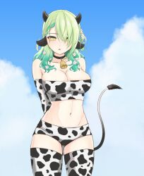Rule 34 | 1girl, animal ears, animal print, bare shoulders, blush, breasts, ceres fauna, choker, cleavage, collarbone, cow ears, cow girl, cow horns, cow print, cow tail, cowbell, elbow gloves, gloves, green hair, hair over one eye, highres, holocouncil, hololive, hololive english, horns, large breasts, long hair, looking at viewer, mole, mole under eye, navel, shorts, sky, sleeveless, solo, sports bra, stomach, tail, thick thighs, thighhighs, thighs, virtual youtuber, yafatguy, yellow eyes