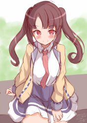Rule 34 | &gt;:), 1girl, blue skirt, blush, breasts, brown hair, brown jacket, character request, closed mouth, collared shirt, dated, highres, jacket, long hair, long sleeves, looking at viewer, medium breasts, necktie, ongeki, open clothes, open jacket, parted bangs, puffy long sleeves, puffy sleeves, red eyes, red necktie, shirt, signature, sitting, sketch, skirt, sleeves past wrists, smile, solo, twintails, twitter username, v-shaped eyebrows, white shirt, xenon (for achieve)