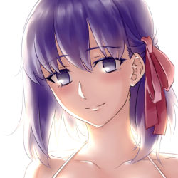 Rule 34 | 1girl, backlighting, closed mouth, collarbone, fate/stay night, fate (series), hair between eyes, hair ribbon, halterneck, looking at viewer, matou sakura, no pupils, pink ribbon, portrait, purple eyes, purple hair, ribbon, rna (angel-smelter), short hair, simple background, smile, solo, white background