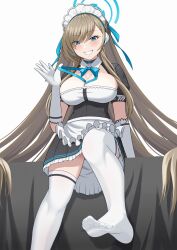 Rule 34 | 1girl, absurdres, apron, asuna (blue archive), between breasts, black choker, black dress, blue archive, blue bow, blue bowtie, blue choker, blue eyes, blue halo, blue nails, blue ribbon, blush, bow, bowtie, breasts, brown hair, choker, collared dress, commentary request, covered erect nipples, dress, elbow gloves, eyelashes, feet, foot out of frame, foot up, frilled apron, frilled dress, frills, gloves, grey background, hair over one eye, hair ribbon, halo, hand up, headset, highres, huge breasts, legs, lemon kele, long hair, maid, maid apron, maid headdress, mole, mole on breast, nail polish, no shoes, parted bangs, partial commentary, puffy short sleeves, puffy sleeves, ribbon, see-through, see-through legwear, short sleeves, simple background, sitting, smile, solo, thighhighs, toenail polish, toenails, toes, very long hair, white apron, white gloves, white thighhighs