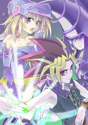 Rule 34 | 1girl, 2boys, bare shoulders, blonde hair, blue eyes, blush stickers, breasts, capelet, card, chain, choker, cleavage, dark magician, dark magician girl, duel disk, duel monster, dyed bangs, fingerless gloves, gloves, highres, light smile, looking at viewer, multicolored hair, multiple boys, muto yugi, open mouth, pentacle, playing card, purple eyes, purple hair, sleeveless, spiked hair, thighs, ts422, yami yugi, yu-gi-oh!, yu-gi-oh! duel monsters