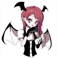 Rule 34 | 1girl, :o, bat wings, black gloves, black vest, book, cropped torso, cross-laced clothes, eyelashes, gloves, hair behind ear, hand up, head wings, highres, holding, holding book, koakuma, long hair, looking at viewer, neetsr, one-hour drawing challenge, open book, open mouth, pointy ears, puffy short sleeves, puffy sleeves, red eyes, red hair, short sleeves, simple background, slit pupils, solo, swept bangs, touhou, upper body, vest, white background, wings