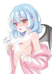 Rule 34 | 0002koko, 1girl, absurdres, areola slip, bandaid, bandaids on nipples, bare shoulders, bat wings, blue hair, blush, breasts, commentary, embarrassed, eyelashes, fang, hair between eyes, highres, looking at viewer, medium hair, navel, no headwear, nose blush, nude, open clothes, open mouth, open shirt, pasties, pink shirt, pointy ears, raised eyebrows, red eyes, remilia scarlet, ribs, shirt, signature, simple background, sleeves past wrists, small breasts, solo, teeth, touhou, tsurime, undressing, upper body, upper teeth only, white background, wings