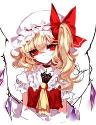 Rule 34 | 1girl, absurdres, artist name, ascot, black choker, blonde hair, bow, choker, collarbone, commentary, cropped torso, cross, cross choker, crystal, eyelashes, flandre scarlet, frilled shirt collar, frills, hair between eyes, hat, hat bow, head tilt, highres, long hair, looking at viewer, one side up, puffy short sleeves, puffy sleeves, red bow, red eyes, red vest, ribbon trim, sheya, short sleeves, signature, simple background, sketch, solo, touhou, upper body, vest, white background, white hat, wings, yellow ascot