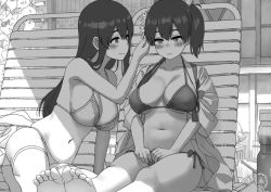 Rule 34 | 2girls, akagi (kancolle), barefoot, beach chair, blush, breasts, embarrassed, feet, flower, greyscale, hair flower, hair ornament, kaga (kancolle), kantai collection, large breasts, monochrome, multiple girls, shadow, shijukara (great tit), side ponytail, sitting, smile, swimsuit, toes