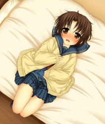 Rule 34 | 1girl, bed, blush, broiler, cardigan, covering privates, from above, lying, on back, original, pleated skirt, school uniform, serafuku, shy, skirt, solo