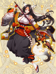 Rule 34 | 1girl, black hair, black hakama, breasts, dairoku ryouhei, detached sleeves, earclip, fingerless gloves, forehead tattoo, full body, gloves, hakama, holding, holding weapon, japanese clothes, kasama yufu, kimono, large breasts, long hair, long sleeves, looking at viewer, red eyes, red gloves, red nails, sachi tuna, sandals, shide, simple background, socks, solo, very long hair, weapon, white socks, yellow background, zouri