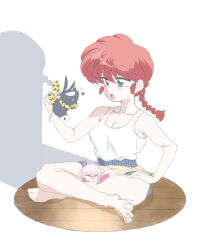 Rule 34 | 1boy, 2girls, artist request, bare shoulders, barefoot, blue eyes, braid, breasts, casual, cat, cleavage, crossed legs, earrings, high heels, jewelry, large breasts, long hair, looking at another, multiple girls, no bra, p-chan, pants, ranma-chan, ranma 1/2, red hair, shampoo (ranma 1/2), shorts, single braid, size difference, solo, undo., very long hair