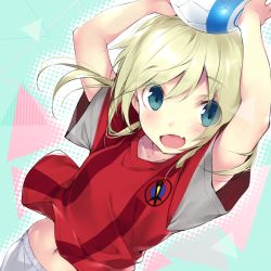 Rule 34 | 1girl, :d, absurdres, arms up, ball, blonde hair, blue eyes, clothes lift, commentary request, copyright request, fang, hario 4, highres, holding, holding ball, logo, medium hair, midriff peek, navel, open mouth, shirt lift, short sleeves, smile, soccer ball, soccer uniform, solo, sportswear