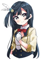 Rule 34 | aiguillette, black eyes, black hair, bow, bowtie, collared shirt, cropped jacket, feather hair ornament, feathers, flower, frilled shirt, frills, gloves, grey eyes, hair flower, hair ornament, half gloves, idol clothes, jacket, long hair, love live!, love live! nijigasaki high school idol club, one side up, red bow, red bowtie, shirt, solo, totoki86, upper body, white gloves, white shirt, yellow jacket, yuki setsuna (love live!)