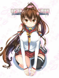 Rule 34 | 10s, 1girl, anchor, breasts, brown eyes, brown hair, cherry blossoms, flower, hair flower, hair ornament, japanese clothes, kantai collection, large breasts, long hair, looking at viewer, miniskirt, personification, ponytail, seiza, single thighhigh, sitting, smile, solo, tenken (gotannda), thighhighs, yamato (kancolle)