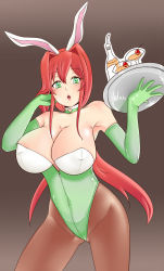 Rule 34 | 1girl, alcohol, alternate costume, alternate hairstyle, animal ears, armpits, breasts, chestnut mouth, choker, cleavage, covered erect nipples, cup, drinking glass, elbow gloves, gloves, green eyes, hand on own head, heart, heart-shaped pupils, highres, hong meiling, huge breasts, leotard, lipstick, long hair, looking at viewer, makeup, off shoulder, pantyhose, playboy bunny, ponytail, rabbit ears, red hair, reizou, solo, symbol-shaped pupils, touhou, very long hair, wine glass