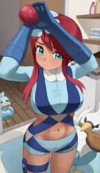 Rule 34 | 1girl, absurdres, blue eyes, blue gloves, blush, breasts, creatures (company), crop top, ducklett, game freak, gen 5 pokemon, gloves, hair ornament, highres, large breasts, long hair, looking at viewer, midriff, navel, nintendo, one side up, pearlbbbb, pokemon, pokemon bw, red hair, short shorts, shorts, sidelocks, skyla (pokemon), solo, swanna