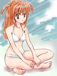 Rule 34 | 00s, 1girl, amane misa, barefoot, bikini, blonde hair, breasts, brown eyes, death note, indian style, long hair, sitting, small breasts, smile, solo, swimsuit, two side up, white bikini