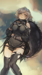 Rule 34 | 1girl, ahoge, arknights, black shirt, breasts, crocodilian tail, detached sleeves, feet out of frame, gloves, goggles, goggles around neck, grey gloves, grey hair, hand on own chest, highres, knees together feet apart, lips, looking at viewer, medium breasts, parted lips, partially fingerless gloves, pointy ears, shirt, solo, tail, taozechi momoakai, thighs, tomimi (arknights), torn clothes, torn legwear, twitter username, yellow eyes