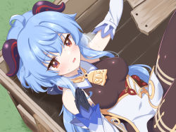 Rule 34 | 1girl, bare shoulders, bell, blue hair, blush, breasts, cowbell, crate, ganyu (genshin impact), genshin impact, half-closed eyes, heavy breathing, horns, long sleeves, lying, mitsuki meia, on back, red eyes, small breasts, solo, sweatdrop