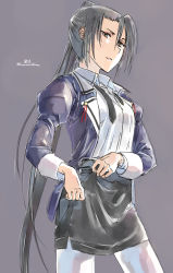 Rule 34 | 10s, 1girl, black hair, black skirt, brown eyes, collared shirt, dressing, jacket, kantai collection, long hair, looking at viewer, military, military uniform, nachi (kancolle), necktie, no gloves, open clothes, open jacket, pantyhose, ponytail, purple background, shirt, side ponytail, simple background, skirt, solo, suzumaru, uniform, white pantyhose, white shirt