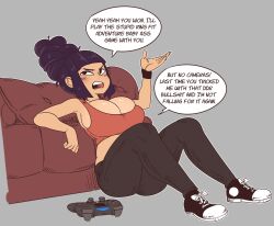 Rule 34 | 1girl, 2021, beehive hairdo, black footwear, breasts, colored skin, command grab (nuclear wasabi), controller, couch, denim, english text, grey background, hair bun, highres, huge breasts, jeans, large breasts, non-web source, nuclear wasabi, nuclearwasabi, open mouth, original, pants, playstation controller, profanity, purple hair, shoes, solo, speech bubble, sports bra, white skin, yoga pants