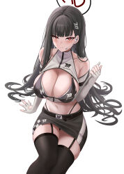 Rule 34 | 1girl, absurdres, alternate costume, bare shoulders, belt, bikini, black hair, black thighhighs, blue archive, blunt bangs, blush, breasts, cleavage, commentary, earpiece, epko, fingerless gloves, garter straps, gloves, hair ornament, hairclip, halo, highleg, highleg bikini, highres, holding, holding tablet pc, huge breasts, long hair, looking at viewer, midriff, navel, race queen, red eyes, revision, rio (blue archive), sideboob, skirt, solo, stomach, swimsuit, tablet pc, thighhighs, thighs, turtleneck, very long hair